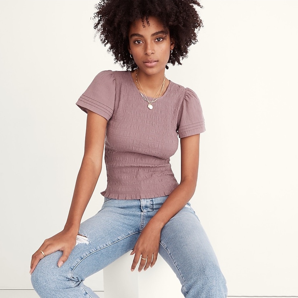 Madewell Fig Lucie Flutter-Sleeve Smocked Bodice Top NWT